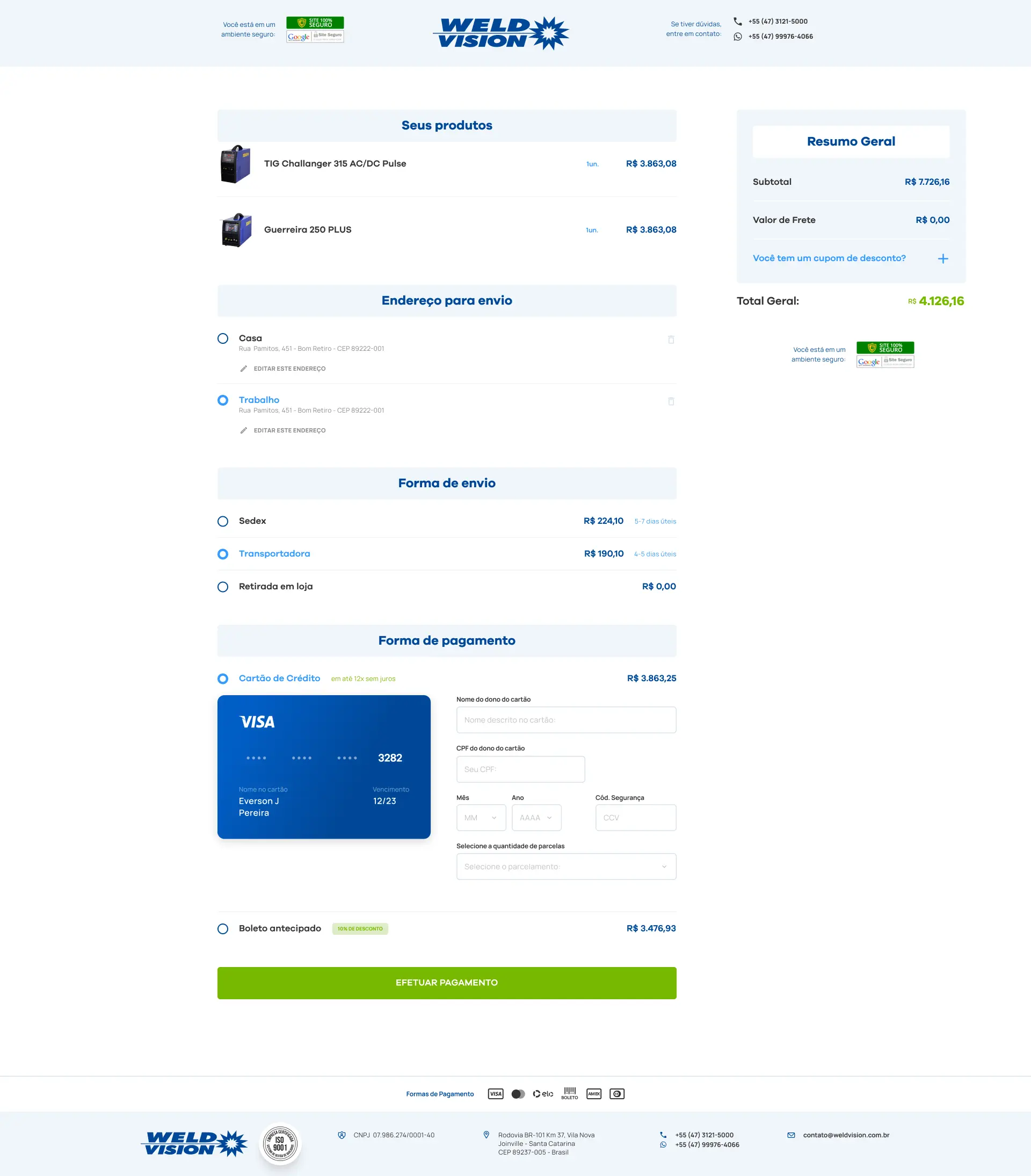 Checkout — credit card payment flow